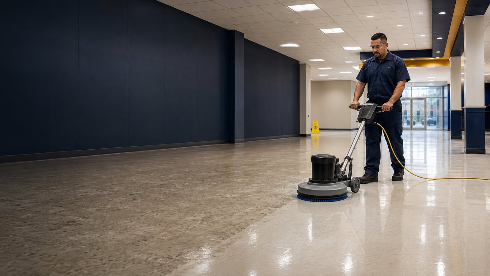 Commercial floor-care technician operating a floor buffer on a polished commercial floor